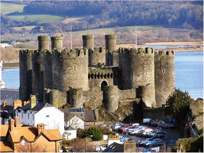 Conwy Castle and car park from Town Walls